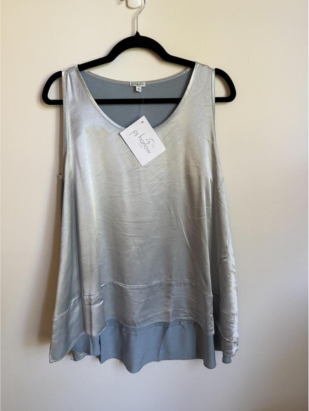 NWT PJ Harlow Natalie Satin Tank Blue Ruffle Lounge Sleep Top Women’s Luxe Cozy